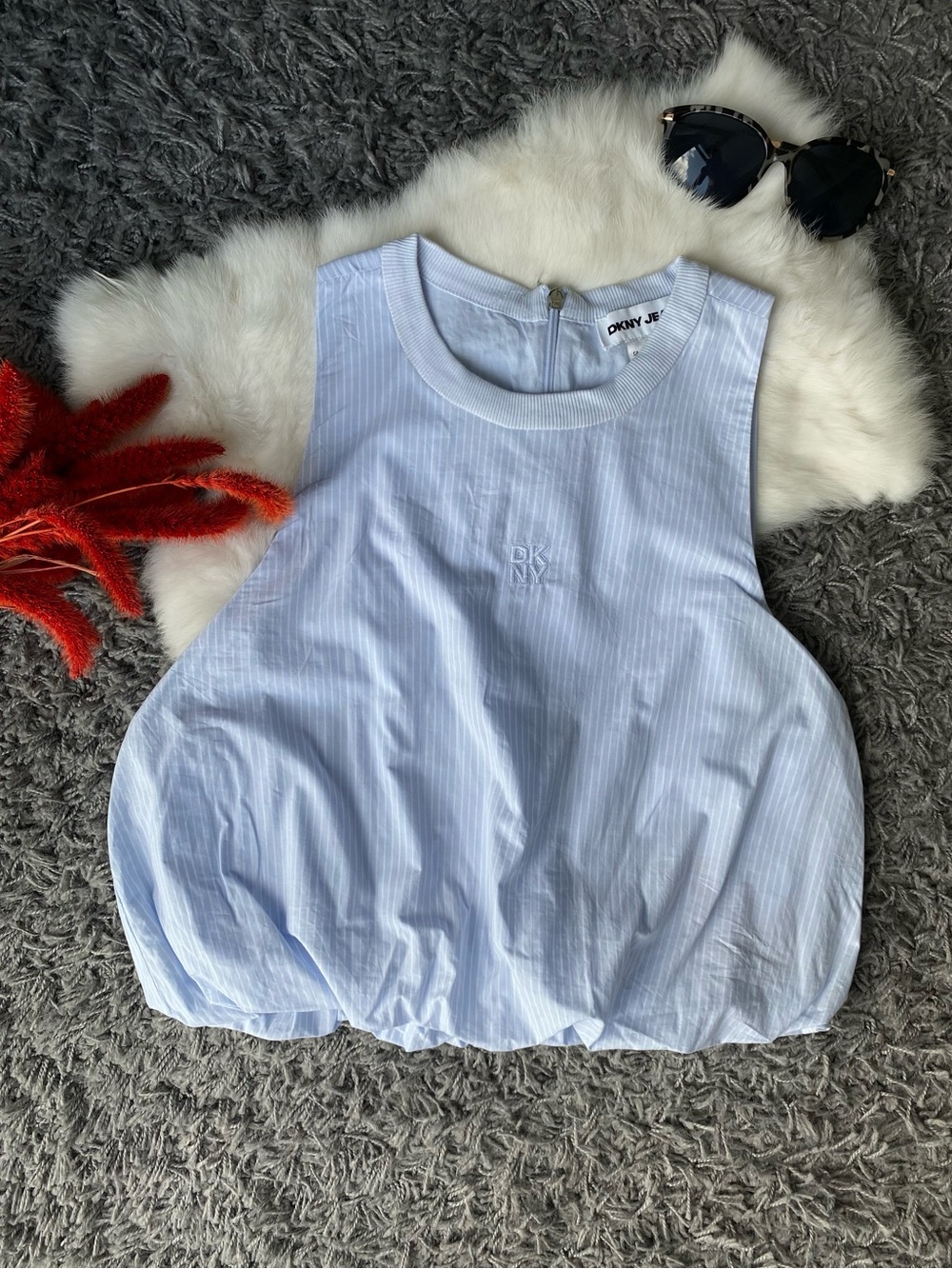DKNY Jeans Light Blue Striped Cotton Bubble Hem Sleeveless Top